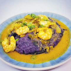 Coarse Blue Cornmeal Cou-Cou and Shrimp Curry
